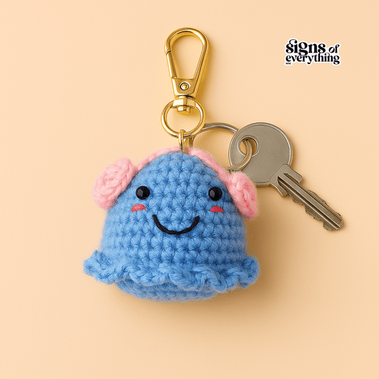 blue crochet keychain handmade
cute blue crochet bag charm
handmade blue crochet plush keychain
crochet bag charm by Himalayan artisans
soft blue crochet key ring accessory
Blue character wearing pink headphones