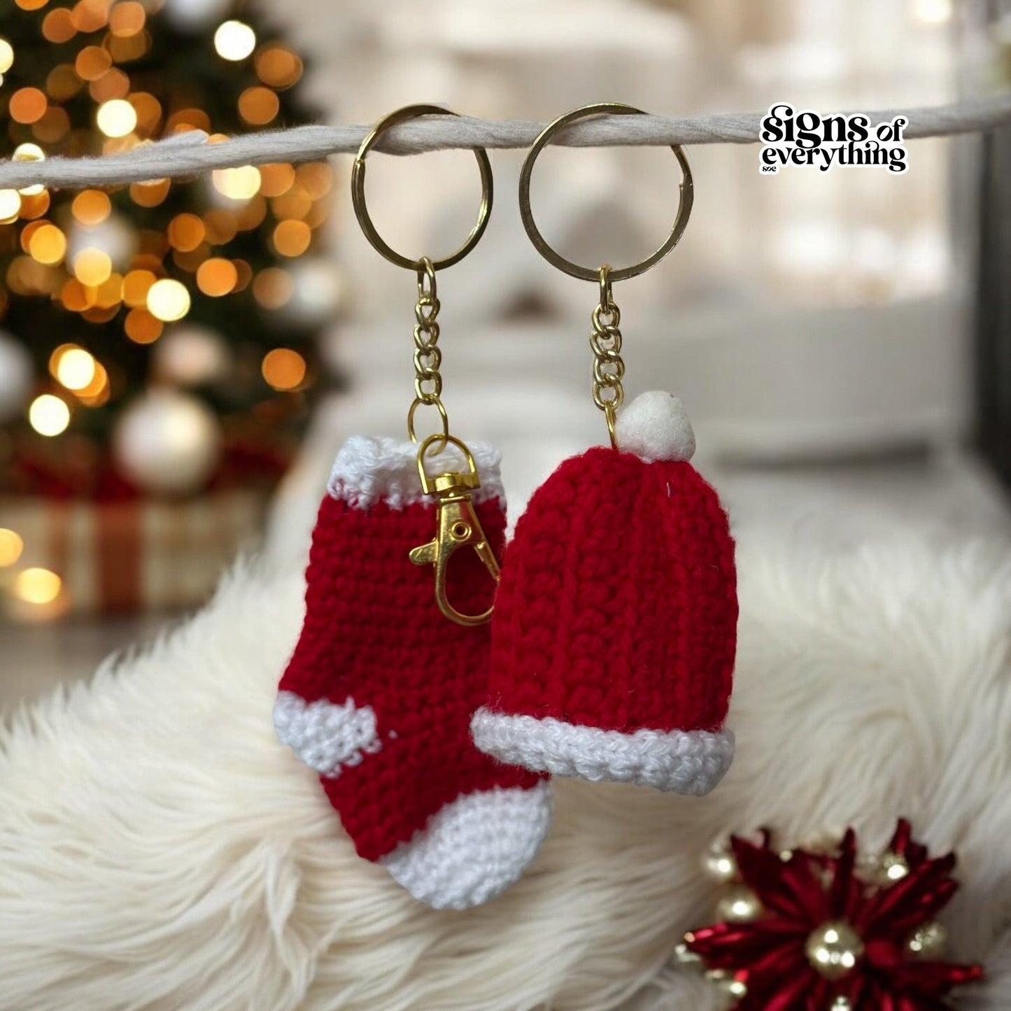 SOE Christmas Hat & Sock Keychain and Bag Charms - Set of 2 | Red & White