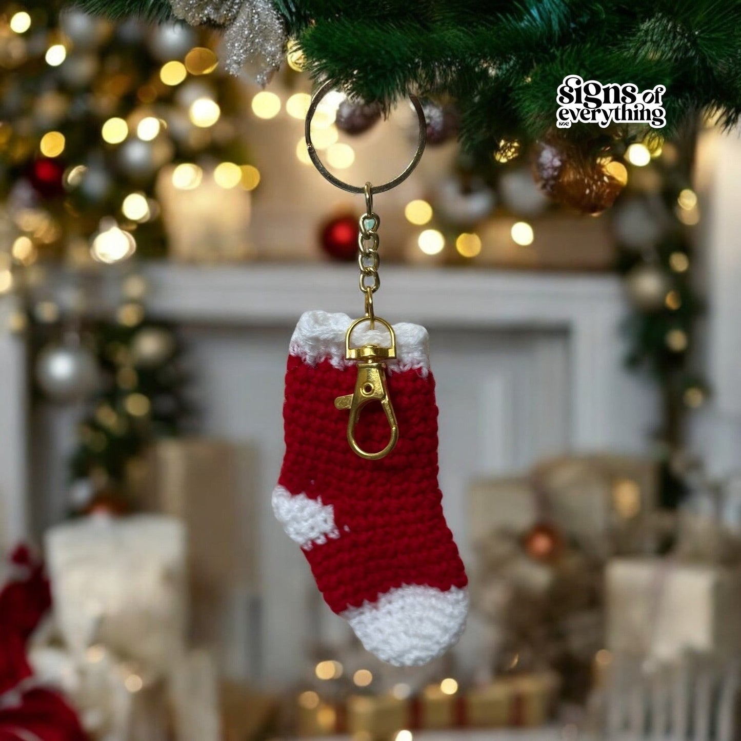 SOE Crochet Christmas Decorative Ornaments: Candy Cane, Christmas Hat & Sock: Set of 3- Keychain/Bagcharm
