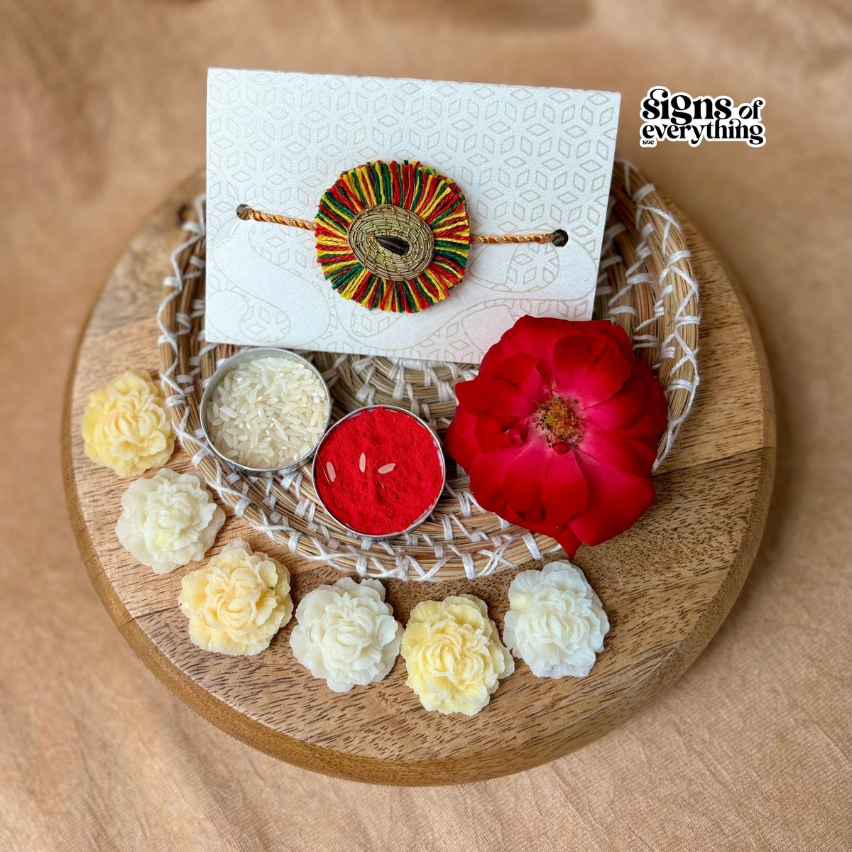 SOE Plantable Pine Needle Rakhi: SURAJMUKHI with sunflower seed (with rice & tikka)