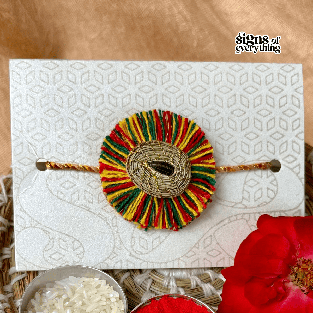 SOE Plantable Pine Needle Rakhi: SURAJMUKHI with sunflower seed (with rice & tikka)