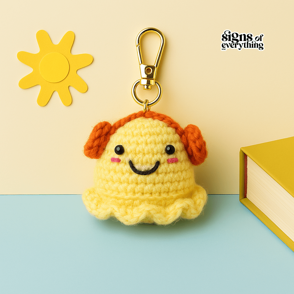 Crocheted ghost keychain with orange headphones
sunny yellow crochet keychain handmade
cute crochet sunshine bag charm
handmade yellow crochet plush keychain
crochet doll keychain by Himalayan artisans
yellow crochet key ring accessory