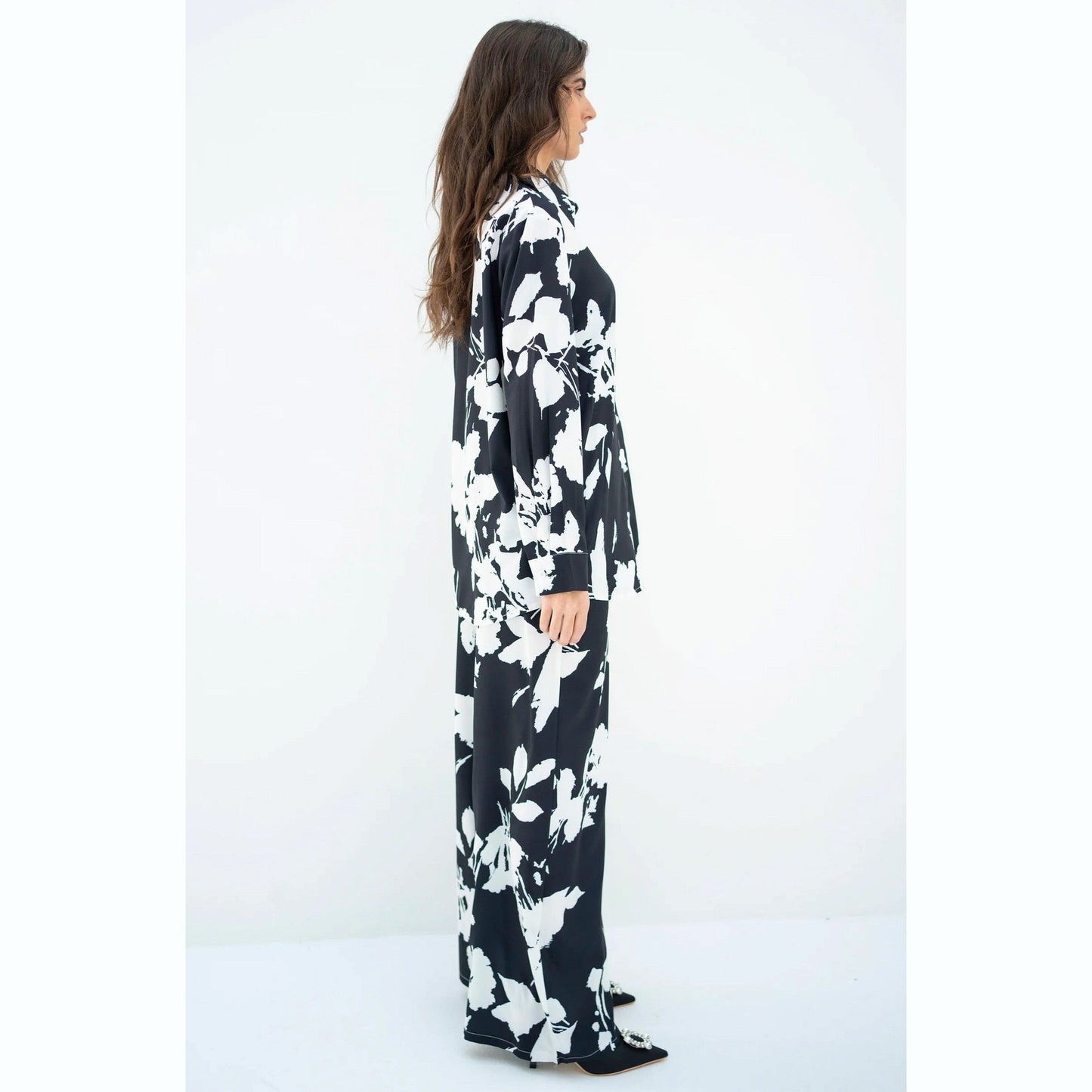 Black Floral Print Korean BSY Classic Co-Ord Set For Women