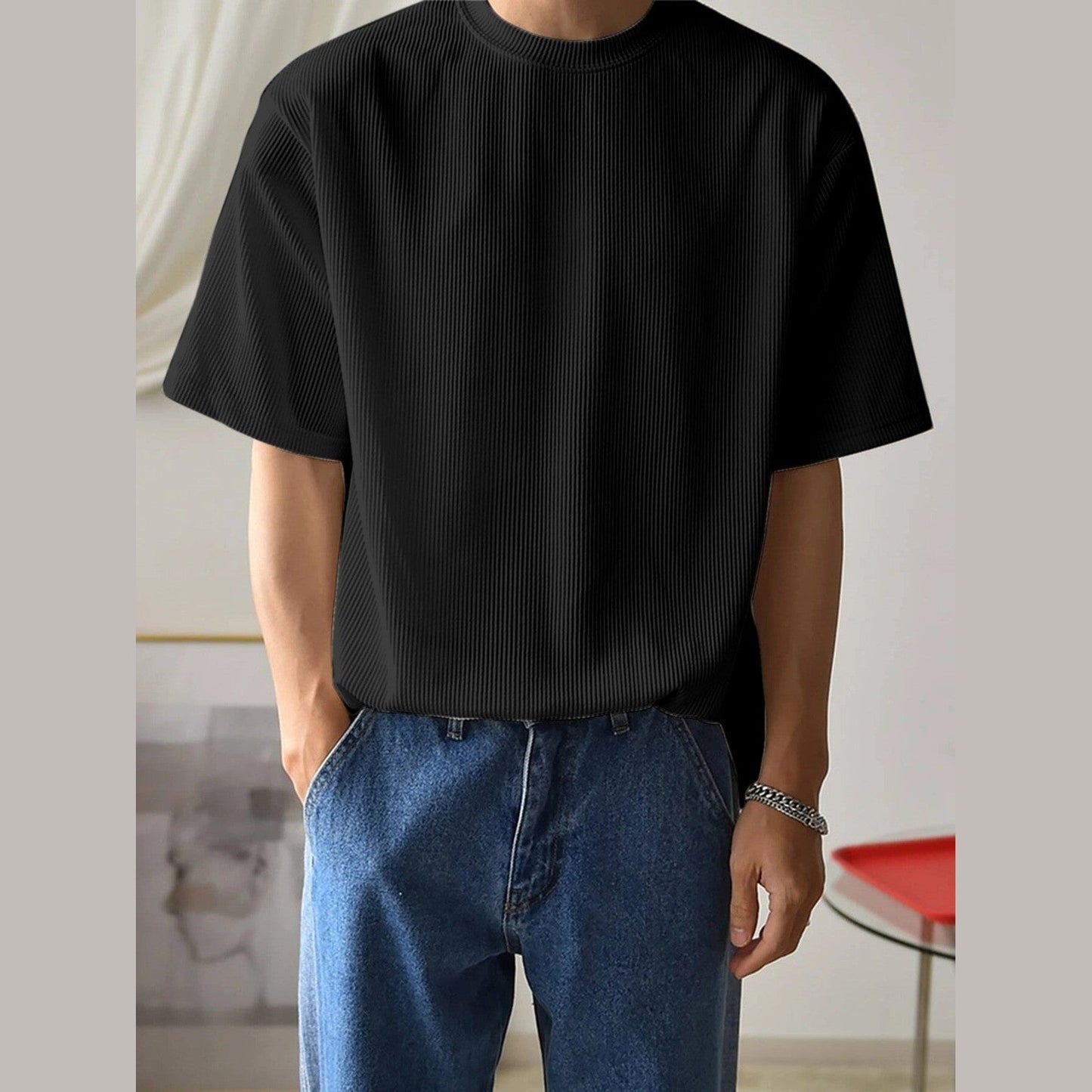 Black Fine-Rib Plain T-Shirt