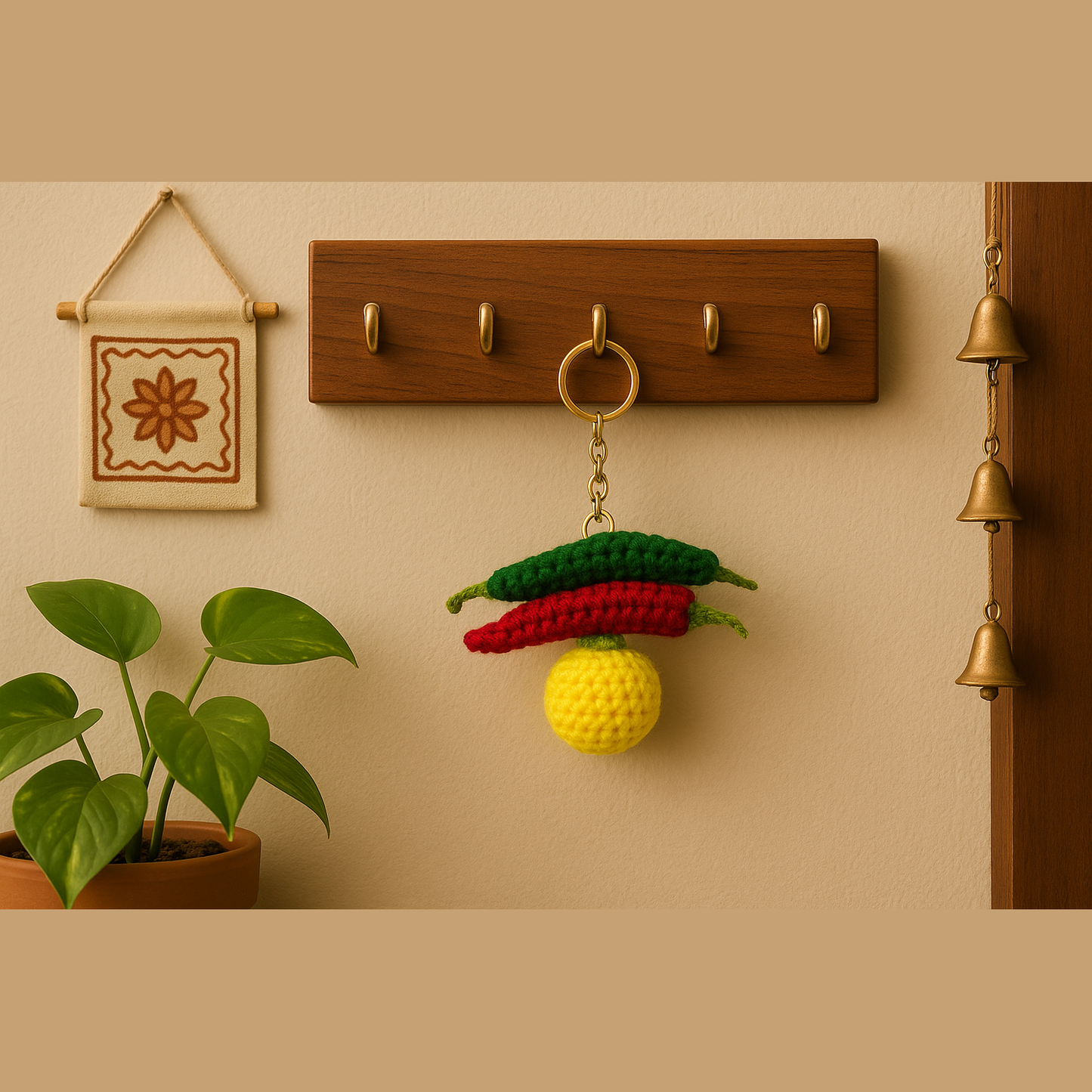 SOE Handmade Nimbu Mirchi Crochet Keychain | Evil Eye Protection Bag Charm