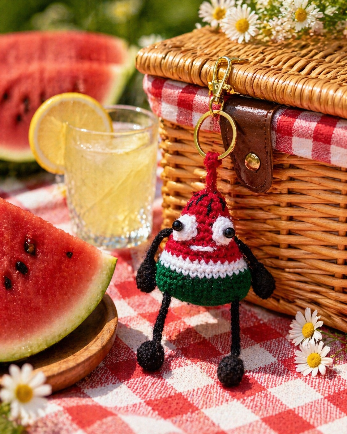 Picnic setup with watermelon, lemonade, and a small knitted dog toy on a checkered tablecloth.

* Handmade watermelon charm hanging on purse with sunglasses and picnic setting
* Amigurumi watermelon keychain styled on bag for everyday use