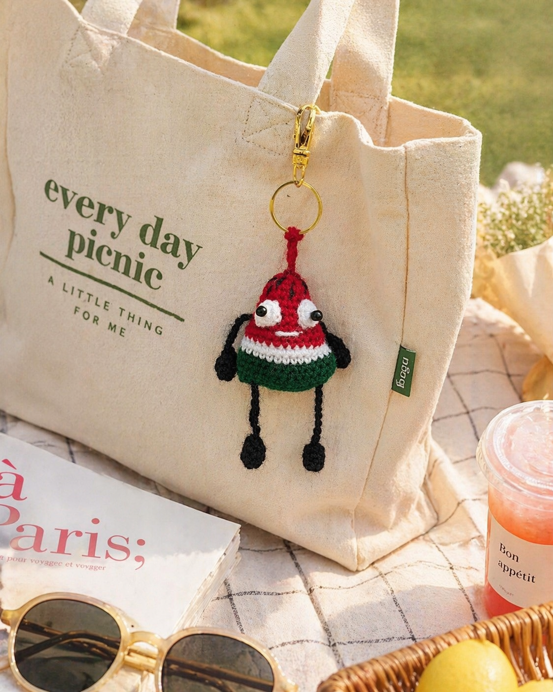 * Handmade watermelon charm hanging on purse with sunglasses and picnic setting
* Amigurumi watermelon keychain styled on bag for everyday use