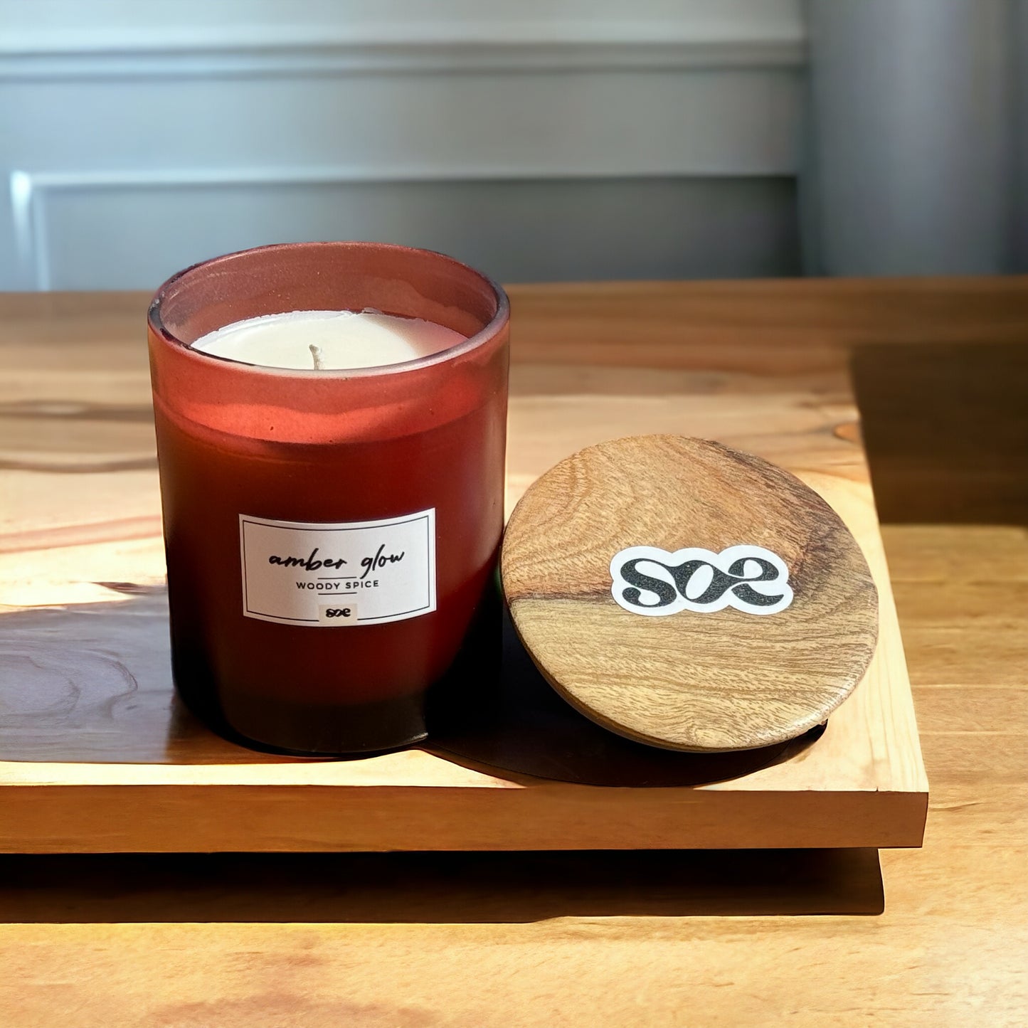 SOE Amber Glow (WOODY SPICE): Glass Jar Candles with Wooden Lid