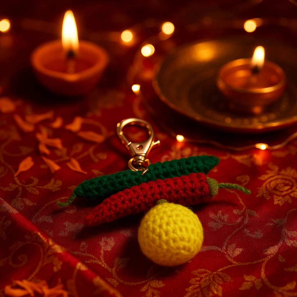 SOE Handmade Nimbu Mirchi Crochet Keychain | Evil Eye Protection Bag Charm