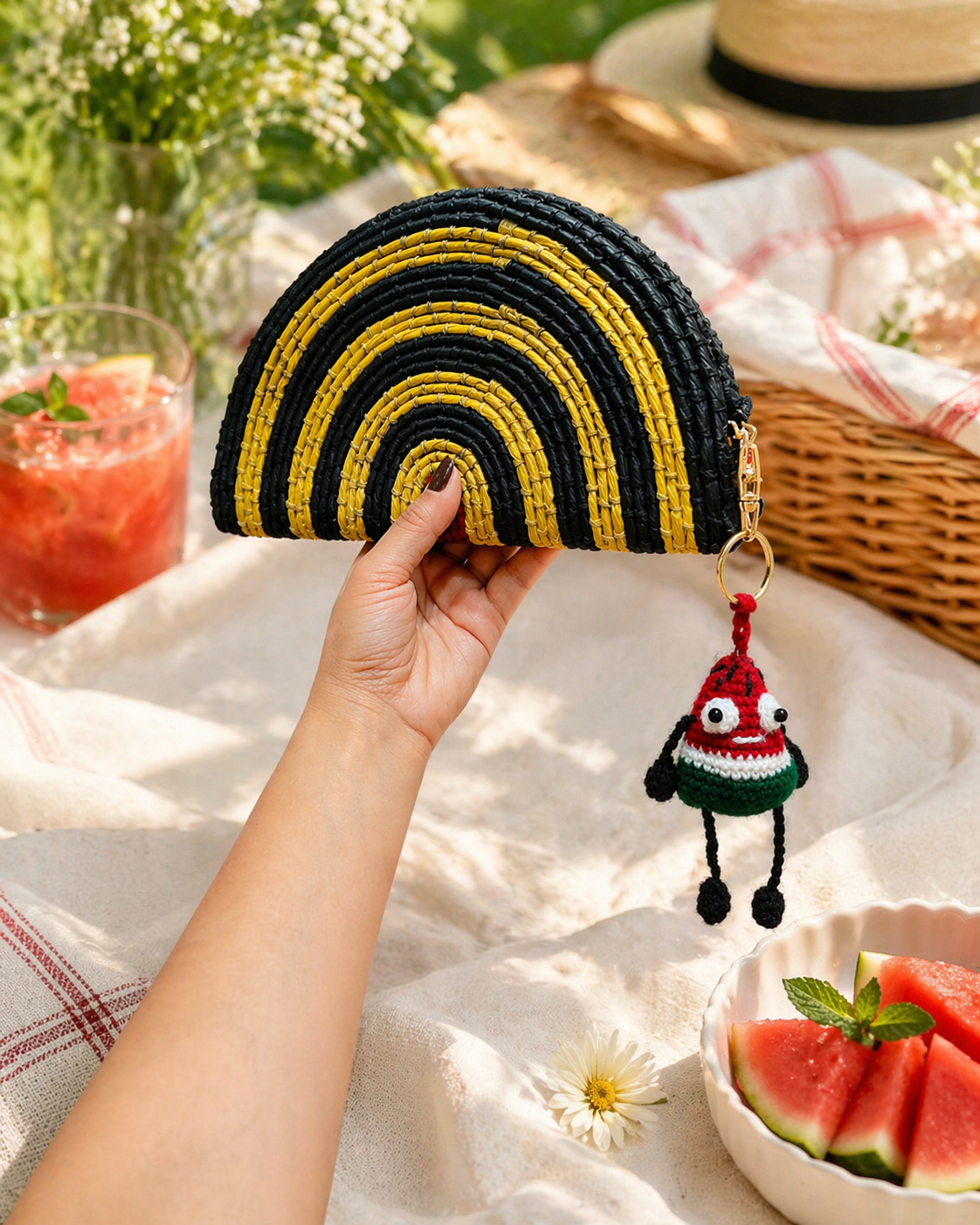 * Handmade watermelon charm hanging on purse with sunglasses and picnic setting
* Amigurumi watermelon keychain styled on bag for everyday use