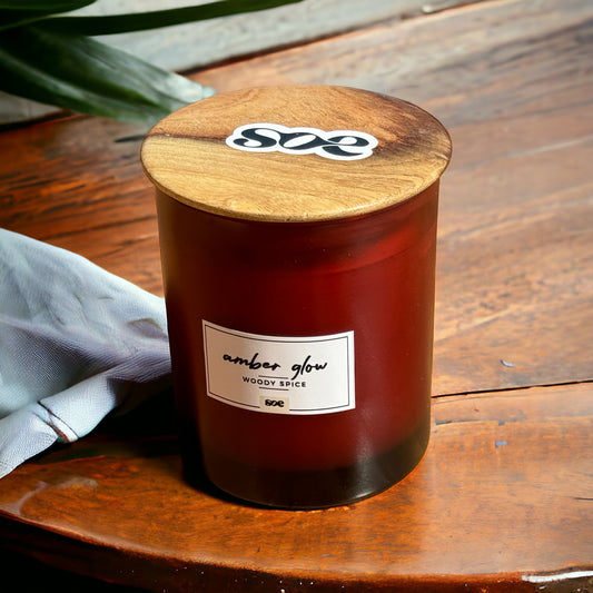 SOE Amber Glow (WOODY SPICE): Glass Jar Candles with Wooden Lid