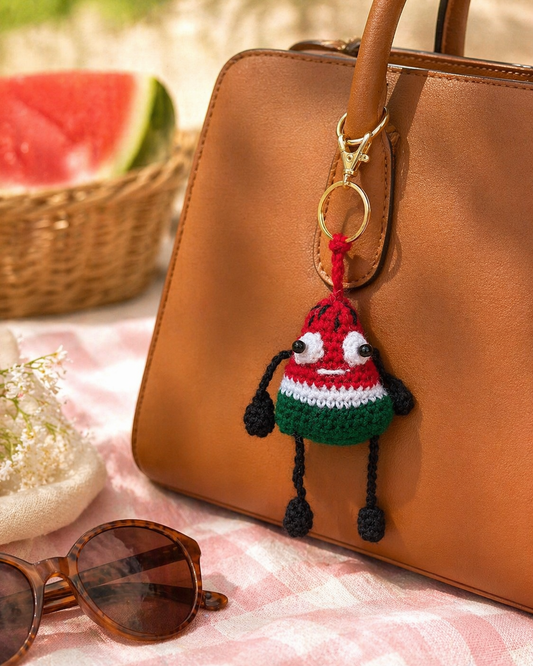 * Crochet watermelon keychain attached to brown handbag as a cute bag charm
* Handmade watermelon charm hanging on purse with sunglasses and picnic setting
* Amigurumi watermelon keychain styled on bag for everyday use
