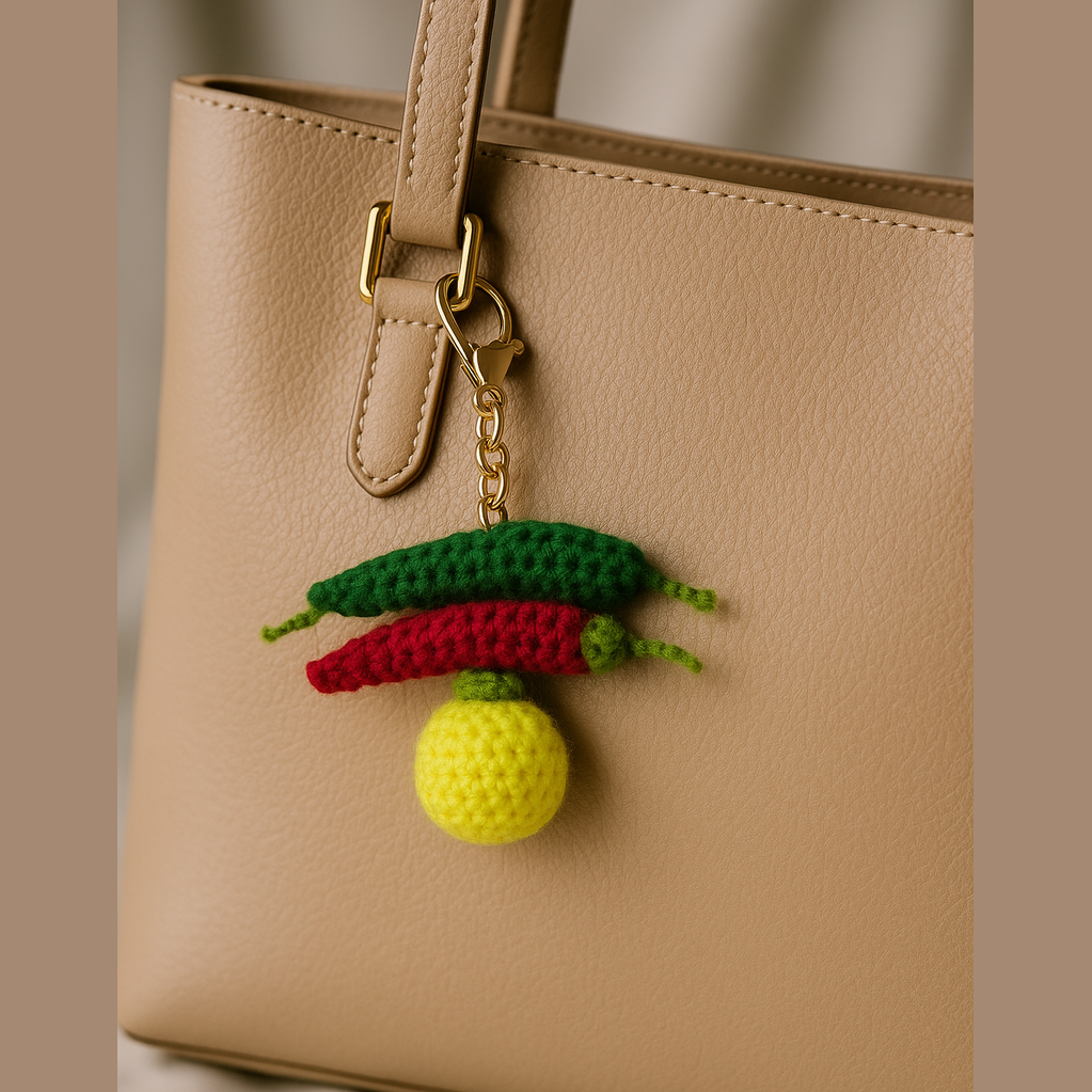 SOE Handmade Nimbu Mirchi Crochet Keychain | Evil Eye Protection Bag Charm