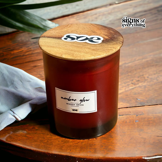 SOE Amber Glow (WOODY SPICE): Glass Jar Candles with Wooden Lid
