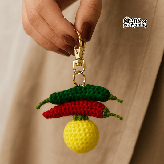 crochet nimbu mirchi keychain handmade
nazar battu crochet bag charm India
handmade lemon red and green chilli crochet keychain
crochet evil eye protection charm
traditional nimbu mirchi crochet key ring
