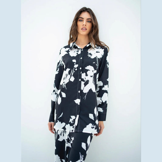 Black Floral Print Korean BSY Classic Co-Ord Set For Women