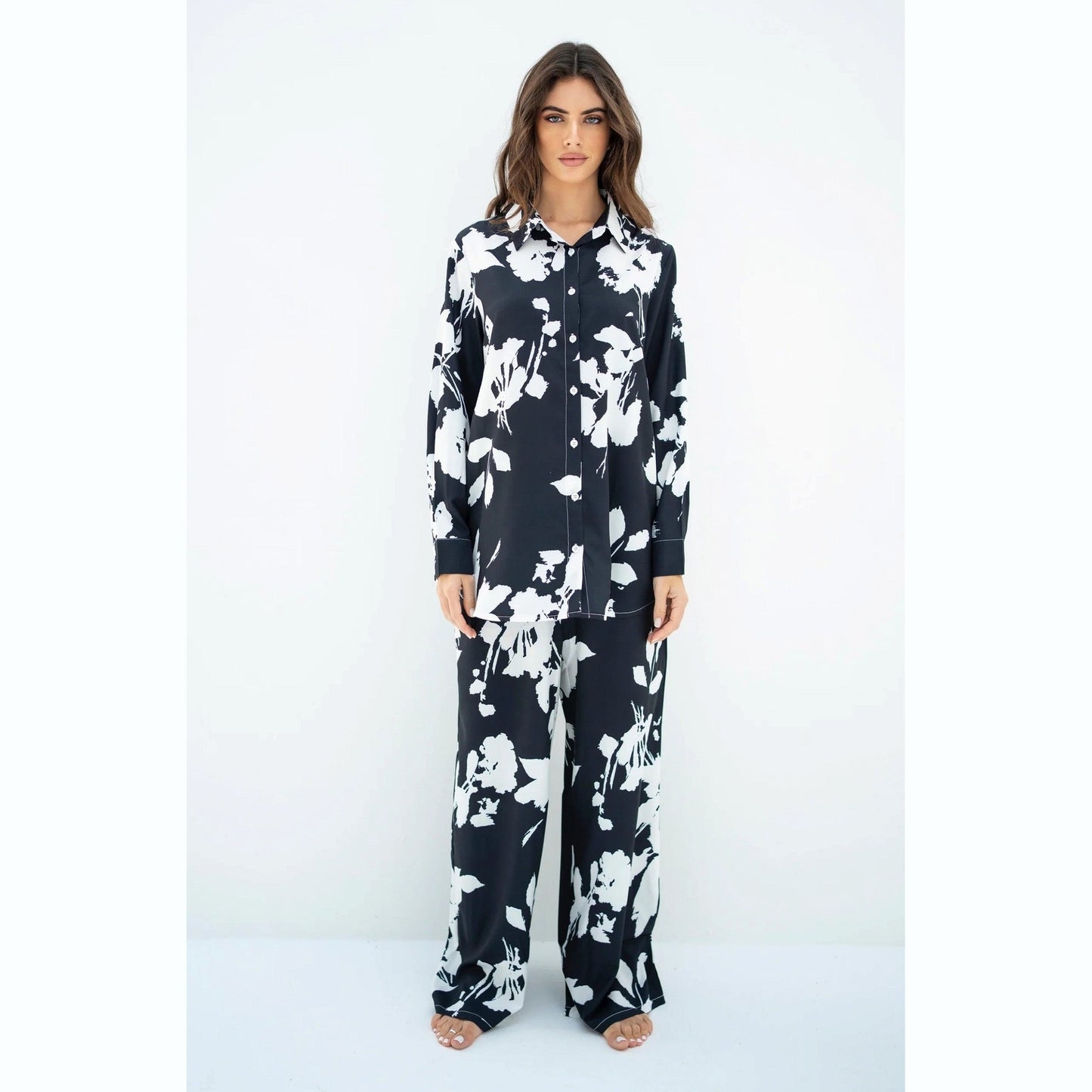 Black Floral Print Korean BSY Classic Co-Ord Set For Women