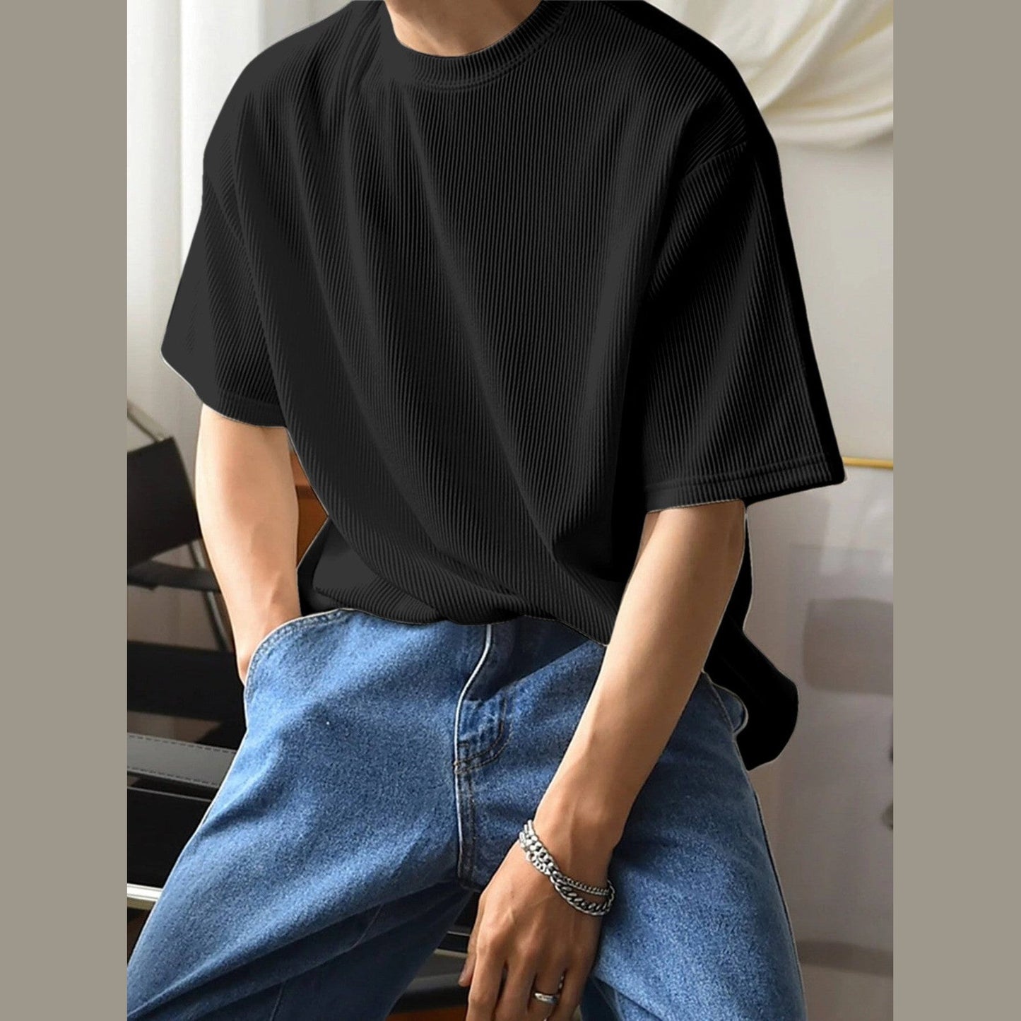 Black Fine-Rib Plain T-Shirt