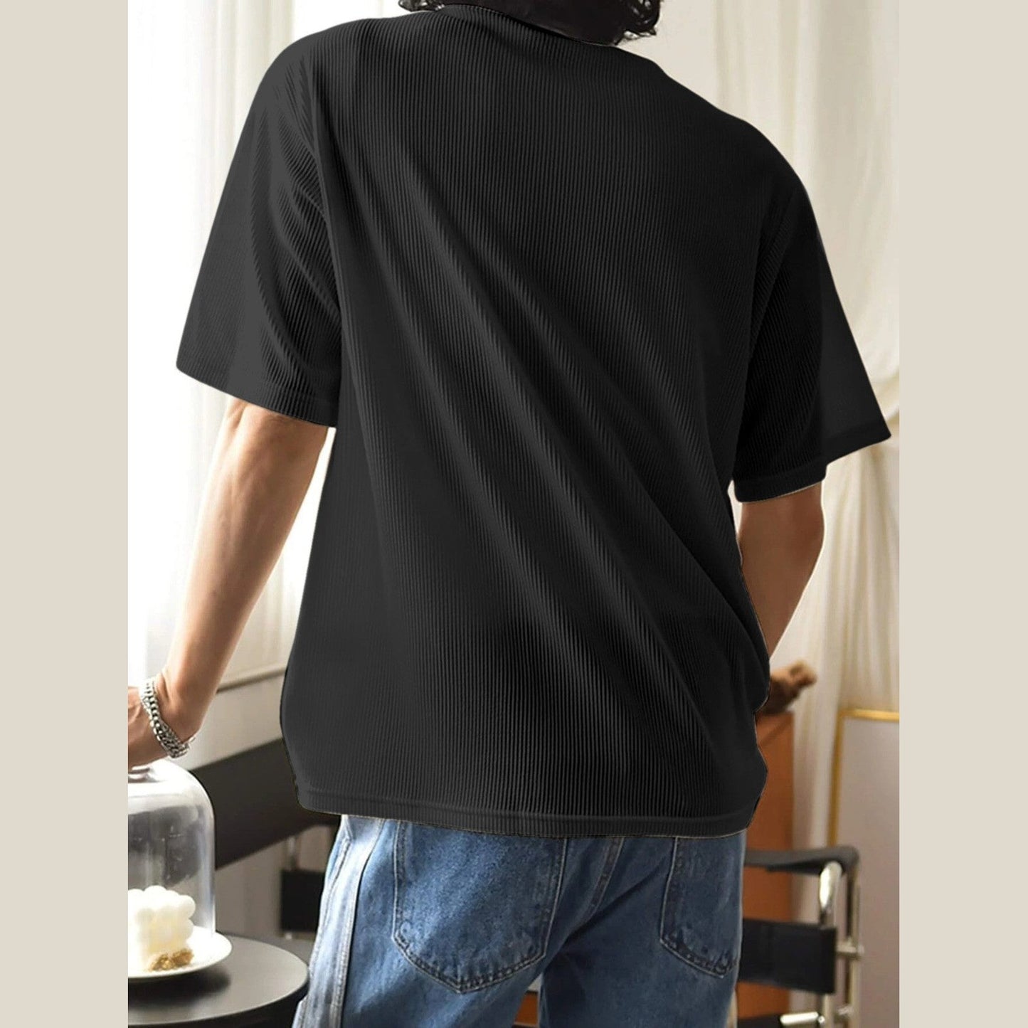 Black Fine-Rib Plain T-Shirt