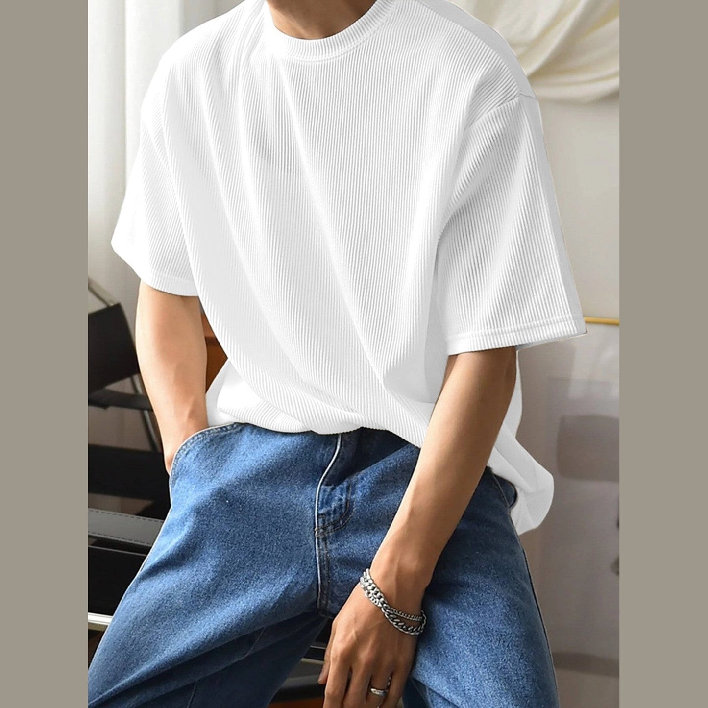 White Fine-Rib Plain T-Shirt