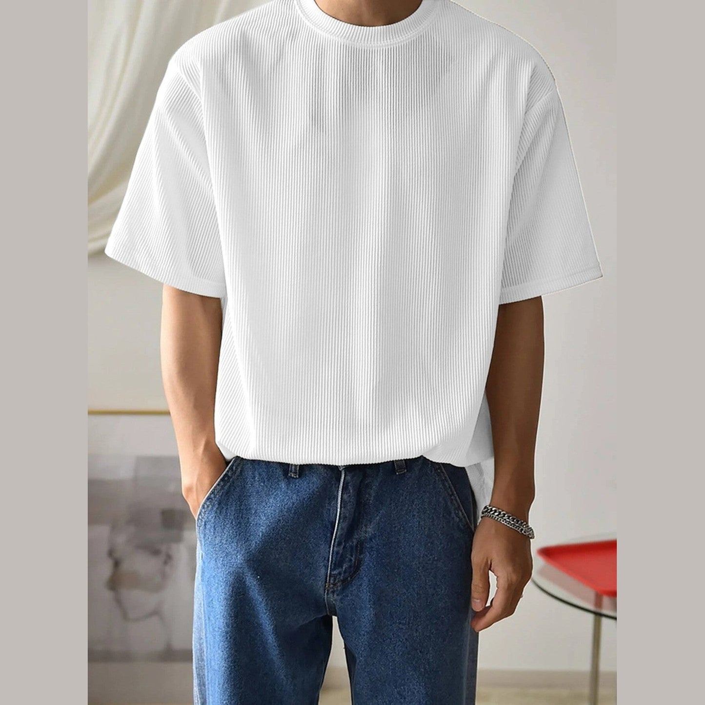 White Fine-Rib Plain T-Shirt