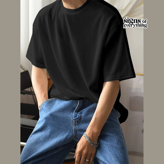 Black Fine-Rib Plain T-Shirt
