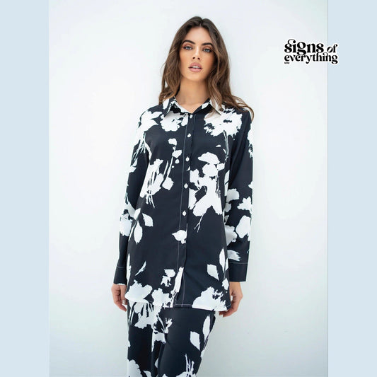 Black Floral Print Korean BSY Classic Co-Ord Set For Women